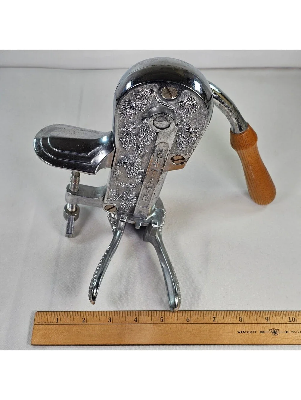 Estate Wine Opener Vintage Countertop Mount Corkscrew Chrome Grape Embossed Wood